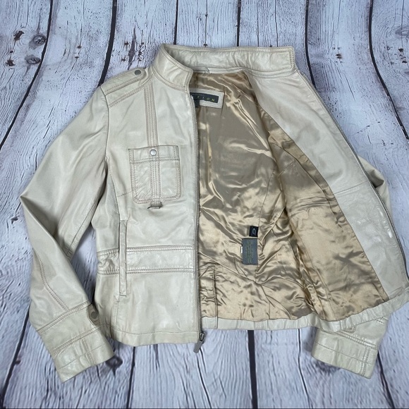 KENNETH COLE REACTION leather beige moto jacket size S - Picture 9 of 14